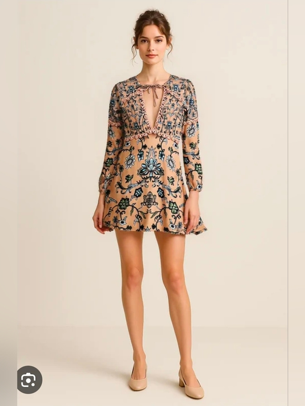 For Love And Lemins Velvet Floral Embroidered Beige Mini Dress with Keyhole Tie